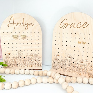 personalized wooden earring stand with floral accents