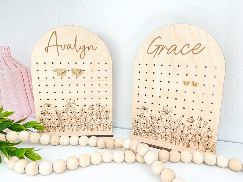 personalized wooden earring stand with floral accents