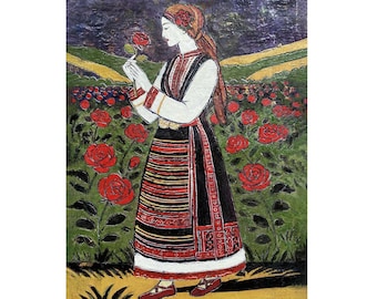 Encaustic Art - Painting with Wax - Bulgarian Folk - Traditional Attire - 8x10 inches, Kazanlak
