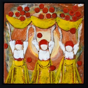 Painting-Fine Art-Original Encaustic Painting on Wood - 13x13x1&quot; - Bulgarian Folk Art - Celebration-Framed-Free Shipping