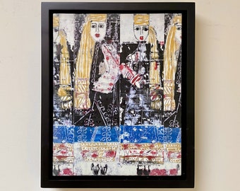 Mother & Daughter Beeswax Painting: Balkan Folk Art, Framed Wall Decor, 8x10
