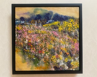 Encaustic Art on Wood of Iowa Prairie at Dusk - Framed 10x10 inches Landscape from Willson Orchard Farm