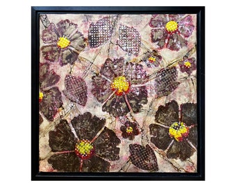 Abstract Flowers Encaustic Painting 25x25" Framed Floral Art, Modern Home Decor, Unique Wall Art MOVING SALE