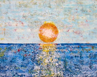 Painting-Fine Art-Large Original Abstract Encaustic (Wax) Painting on Wood Panel - 36x24 in - Abstract Landscape - Happy
