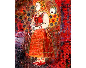 Encaustic Art - Painting with Wax - Bulgarian Folk - Traditional Attire - Mother