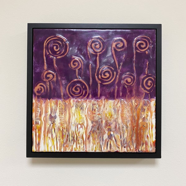Purple Abstract — Encaustic Painting on Wood, 13 × 13 in., Framed