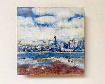 Encaustic (Wax) Mixed Media Painting on Wood, 8"x8", Limited Edition Reproduction of Original Art - Alki Beach Seattle