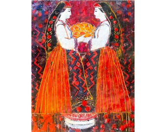 Encaustic Art - Painting with Wax - Bulgarian Folk - Traditional Attire - Sharing Bread