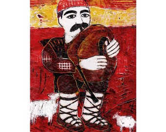 Encaustic Art, Painting with Wax, Bulgarian Folk, The Shepherd (Sredni Rodopi), 8x10 Original or Print