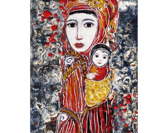 Encaustic Art - Painting with Wax - Bulgarian Folk - Traditional Attire - Woman with Child, 8x10 Original Unframed or Print