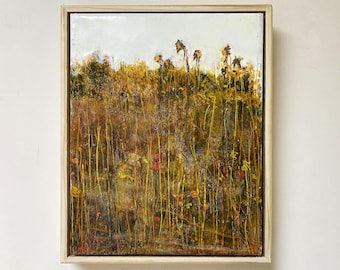 Encaustic, Fine Art on Wood, Autumn Lake, 9x11-inch Framed Art, Abstract Fall Prairie Flowers Landscape