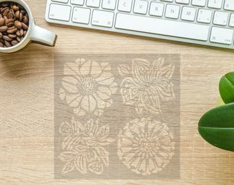 12x12 inches Reusable, Heat Resistant, Encaustic Mylar Stencil, 4 Abstract Flowers, Free Shipping