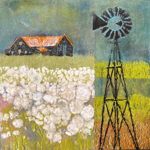 Molino de viento en la pradera, impresión artística del Medio Oeste, cartón para enmarcar de 12 x 12 pulgadas, obra de arte de 8 x 8 pulgadas, envío gratuito, sin marco