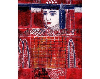 Encaustic Art: Bulgarian Folk Woman in Red, Mixed Media Painting, 8x10 Original Unframed or Print