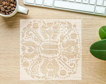 Floral Folk Embroidery Mylar Stencil: Heat Resistant Encaustic, 12x12 Reusable