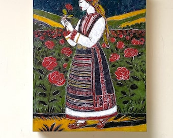 Kazanlak Woman — Bulgarian Folk Encaustic Painting, 8 × 10 in.