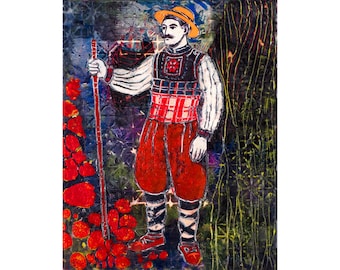 Encaustic Art - Painting with Wax - Bulgarian Folk - Traditional Attire - Sliven, 8x10 inches, Original or Print, Unframed