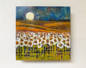 Encaustic (Wax)  Painting on Wood, 8"x8", Free Shipping, Prairie Abstract Landscapes