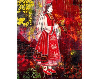Encaustic Art - Painting with Wax - Bulgarian Folk - Traditional Attire - Sredni Rodopi, 8x10 inches or Print, Unframed