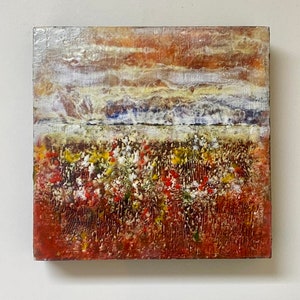 Encaustic Prairie Flower Painting: Abstract Midwest Landscape Art, 8x8