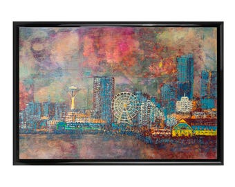 Seattle Waterfront Giclee Print: Pacific Northwest Encaustic Painting Reproduction, Black Poster Frame, 27x40 inch