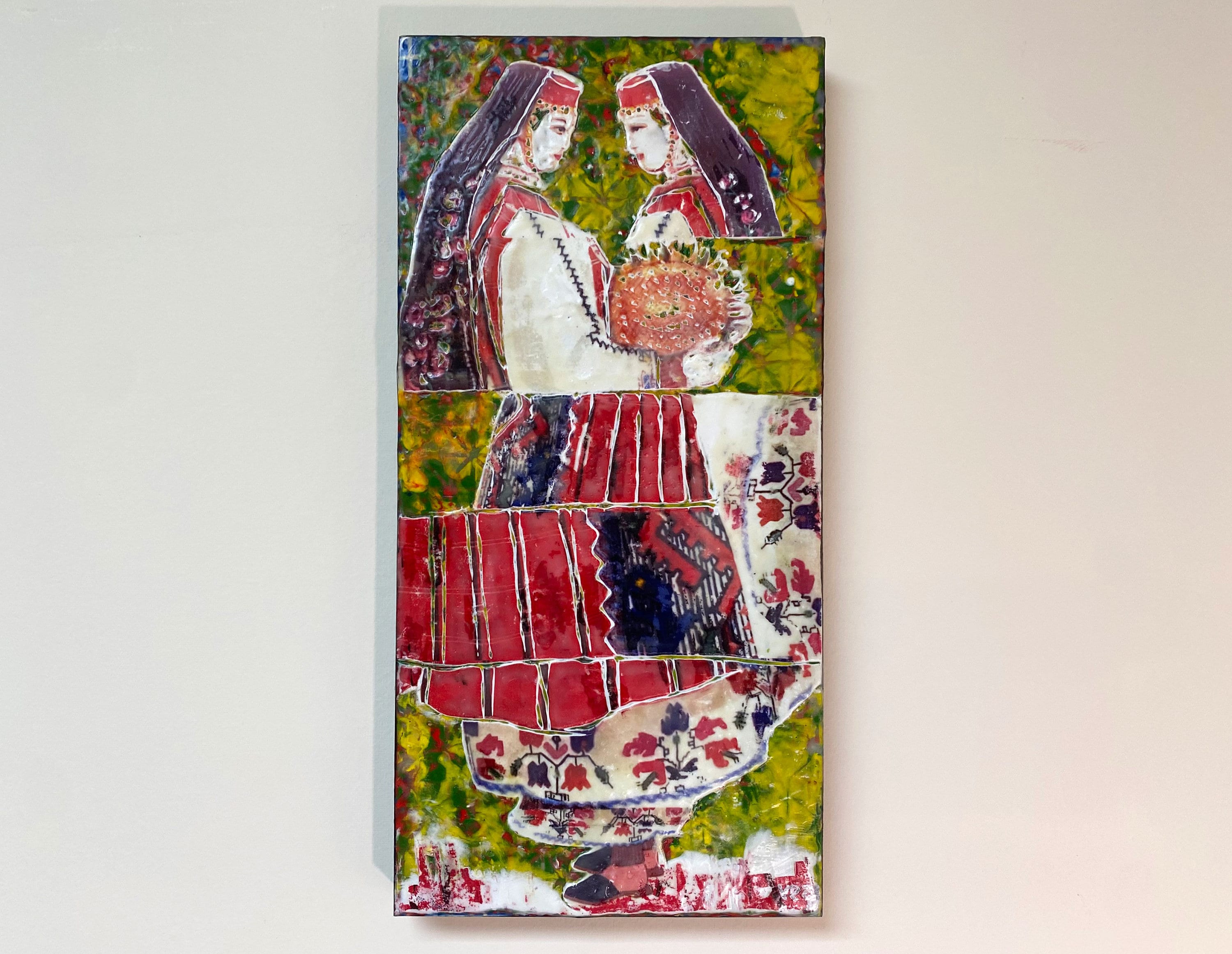 Greeting with Bread, Encaustic Painting Traditional Bulgarian Attire Artwork, 6x12 Inches on Wood, Perfect for Home Decor or Unique Gifts