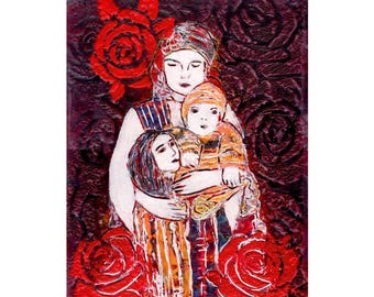 Original Encaustic Painting on Wood 8x10 inches - &quot;Responsibilities&quot;, Women, Mothers, Bulgarian Motifs