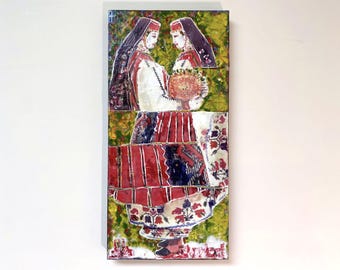 Encaustic Painting: Bulgarian Folk Art with Bread, Wax on Wood Artwork, Unframed (6x12 inches)