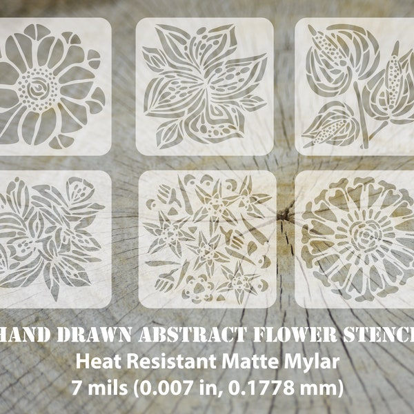 6 Reusable, Heat Resistant, Encaustic Stencil -Abstract Hand Drawn Flowers - 5.6x5.6 in Each - 7 mil Mylar FREE SHIPPING