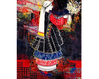 Encaustic Art - Painting with Wax - Bulgarian Folk - Traditional Attire - Sofia, 8x10 inches, Unframed