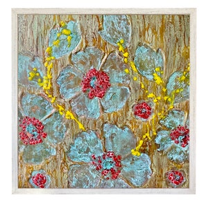 Abstract Flower Art, Framed Large Encaustic Painting with Rust Patina Wall Art, 25x25 inches