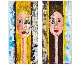 Duality, Two Original Encaustic Painting on Wood, Each 24x6.5 in