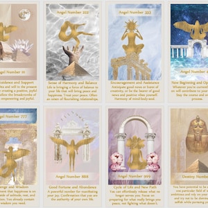 Puede incluir: Un conjunto de diez cartas con figuras de &aacute;ngeles doradas y texto sobre los n&uacute;meros de &aacute;ngeles. Cada carta presenta un n&uacute;mero de &aacute;ngel diferente y una descripci&oacute;n de su significado. Las cartas est&aacute;n sobre un fondo rosa y blanco.
