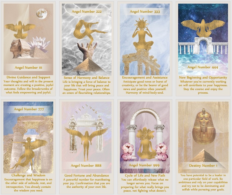 Puede incluir: Un conjunto de diez cartas con figuras de &aacute;ngeles doradas y texto sobre los n&uacute;meros de &aacute;ngeles. Cada carta presenta un n&uacute;mero de &aacute;ngel diferente y una descripci&oacute;n de su significado. Las cartas est&aacute;n sobre un fondo rosa y blanco.