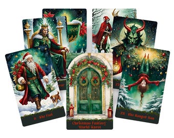 May include: A collection of Christmas Fantasy World Tarot cards. The cards feature illustrations of Santa Claus, a king, a devil, and other fantasy figures. The cards have a winter theme with green, red, and gold accents.
