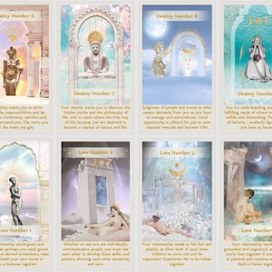 Puede incluir: Un conjunto de diez cartas con ilustraciones coloridas y texto. Las cartas se dividen en dos categor&iacute;as: Destino y Amor. Cada carta tiene un n&uacute;mero y una descripci&oacute;n del significado del n&uacute;mero. Las cartas est&aacute;n dise&ntilde;adas para ayudar a las personas a comprender su destino y su vida amorosa.