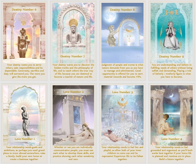 Puede incluir: Un conjunto de diez cartas con ilustraciones coloridas y texto. Las cartas se dividen en dos categor&iacute;as: Destino y Amor. Cada carta tiene un n&uacute;mero y una descripci&oacute;n del significado del n&uacute;mero. Las cartas est&aacute;n dise&ntilde;adas para ayudar a las personas a comprender su destino y su vida amorosa.