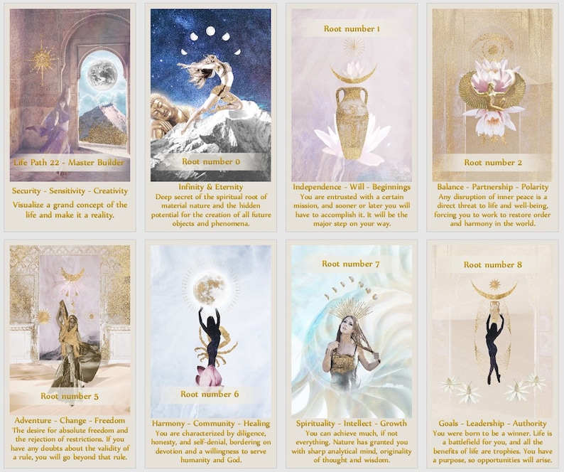 Puede incluir: Un conjunto de diez cartas de tarot con ilustraciones y texto coloridos. Cada carta presenta una imagen y un texto diferentes que describen un camino de vida o un n&uacute;mero de ra&iacute;z diferente. Las cartas est&aacute;n sobre un fondo rosa claro.