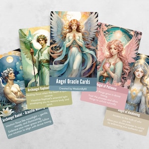 May include: A set of Angel Oracle Cards featuring illustrations of angels with wings and halos. Each card has a unique design and text, including "Archangel Raphael" and "Angel of Patience."