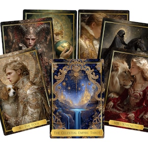Könnte beinhalten: Ein Satz Tarotkarten mit detaillierten Illustrationen. Die Karten zeigen Bilder von Figuren, Landschaften und himmlischen Elementen. Die zentrale Karte trägt die Aufschrift "THE CELESTIAL EMPIRE TAROT". Die Karten haben goldene Ränder und sind fächerförmig angeordnet.