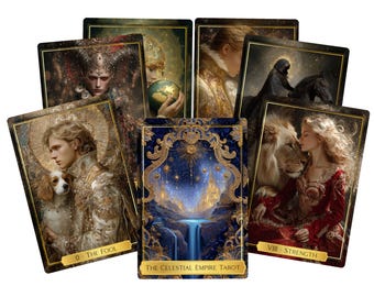 May include: A collection of tarot cards featuring detailed illustrations. The cards display images of figures, landscapes, and celestial elements. The central card reads "THE CELESTIAL EMPIRE TAROT". The cards have gold borders and are arranged in a fan shape.