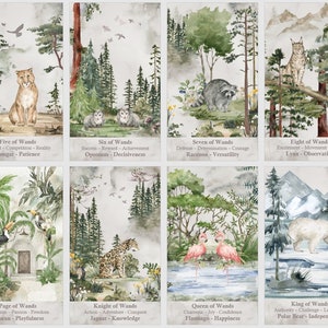 May include: A set of 10 watercolor tarot cards featuring animal illustrations and descriptions of each card. The cards are arranged in two rows of five cards each. The cards are on a light gray background.