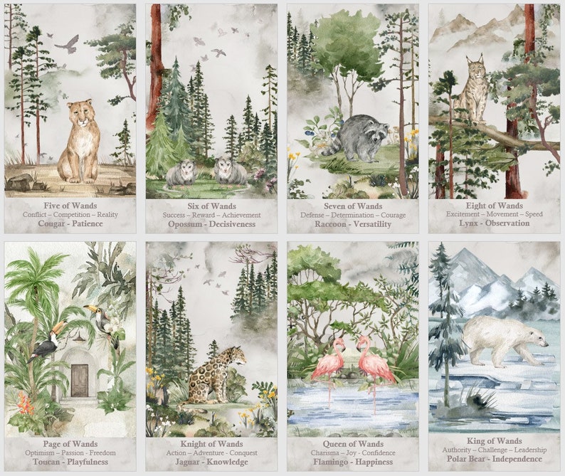 May include: A set of 10 watercolor tarot cards featuring animal illustrations and descriptions of each card. The cards are arranged in two rows of five cards each. The cards are on a light gray background.