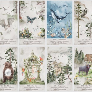 May include: A set of 10 tarot cards with watercolor illustrations of animals and nature scenes. Each card features a title, a Roman numeral, and a description of the card's meaning. The cards are printed on thick, high-quality cardstock.