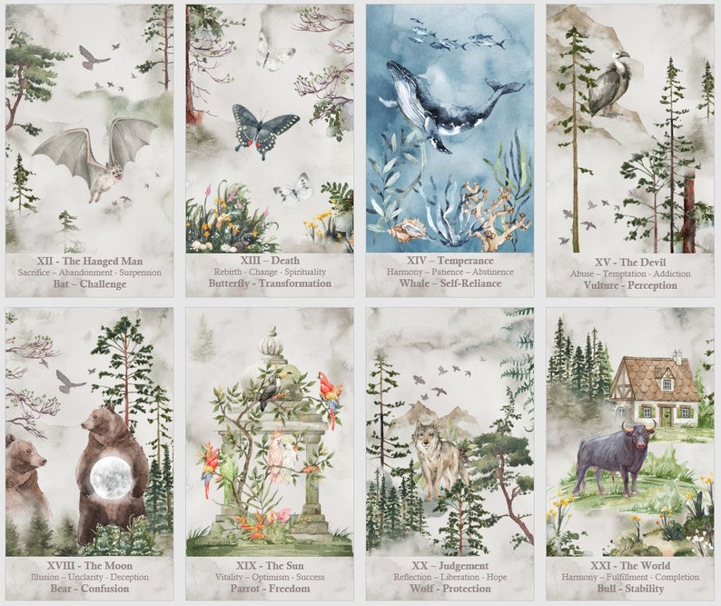 May include: A set of 10 tarot cards with watercolor illustrations of animals and nature scenes. Each card features a title, a Roman numeral, and a description of the card's meaning. The cards are printed on thick, high-quality cardstock.