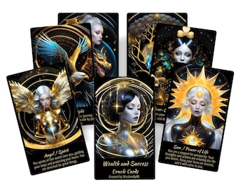 Wealth and Success Golden Oracle cards deck. Surreal fantasy art