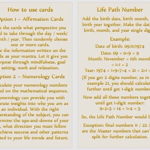 Puede incluir: Un fondo dorado con texto negro que explica c&oacute;mo usar las cartas de afirmaci&oacute;n y numerolog&iacute;a. El texto incluye instrucciones sobre c&oacute;mo calcular tu n&uacute;mero de camino de vida usando tu fecha de nacimiento, mes y a&ntilde;o.