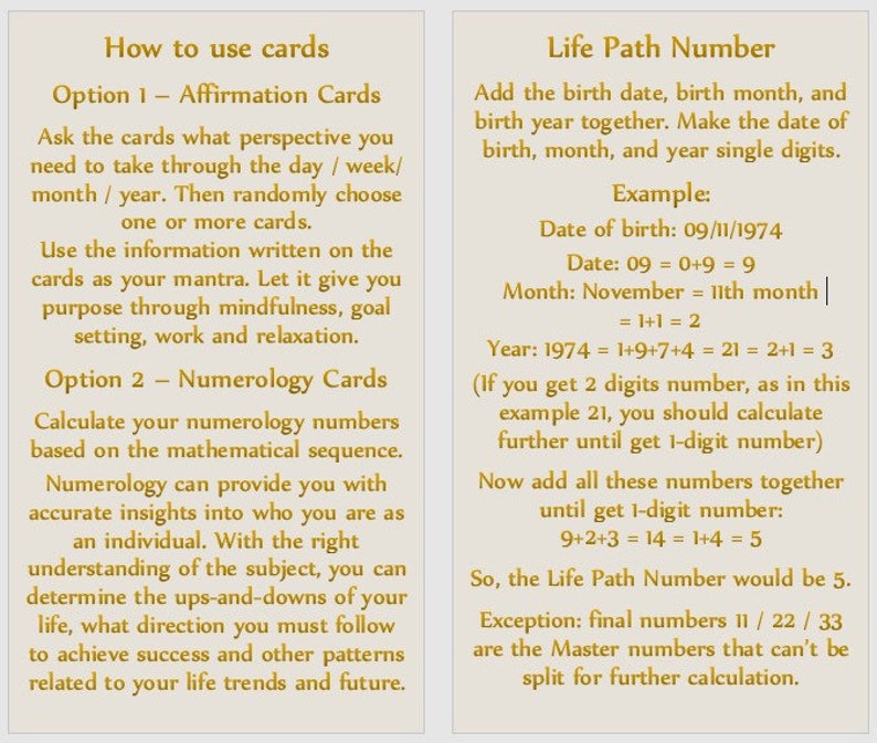 Puede incluir: Un fondo dorado con texto negro que explica c&oacute;mo usar las cartas de afirmaci&oacute;n y numerolog&iacute;a. El texto incluye instrucciones sobre c&oacute;mo calcular tu n&uacute;mero de camino de vida usando tu fecha de nacimiento, mes y a&ntilde;o.