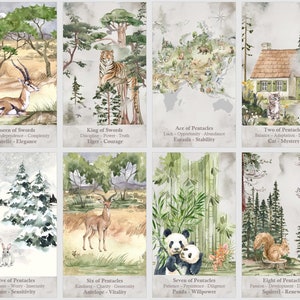 May include: A set of ten tarot cards featuring watercolor illustrations of animals and nature scenes. Each card depicts a different tarot card, such as the Queen of Swords, King of Swords, and Ace of Pentacles. The cards are surrounded by a light gray background.