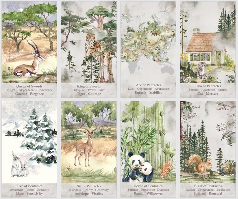May include: A set of ten tarot cards featuring watercolor illustrations of animals and nature scenes. Each card depicts a different tarot card, such as the Queen of Swords, King of Swords, and Ace of Pentacles. The cards are surrounded by a light gray background.